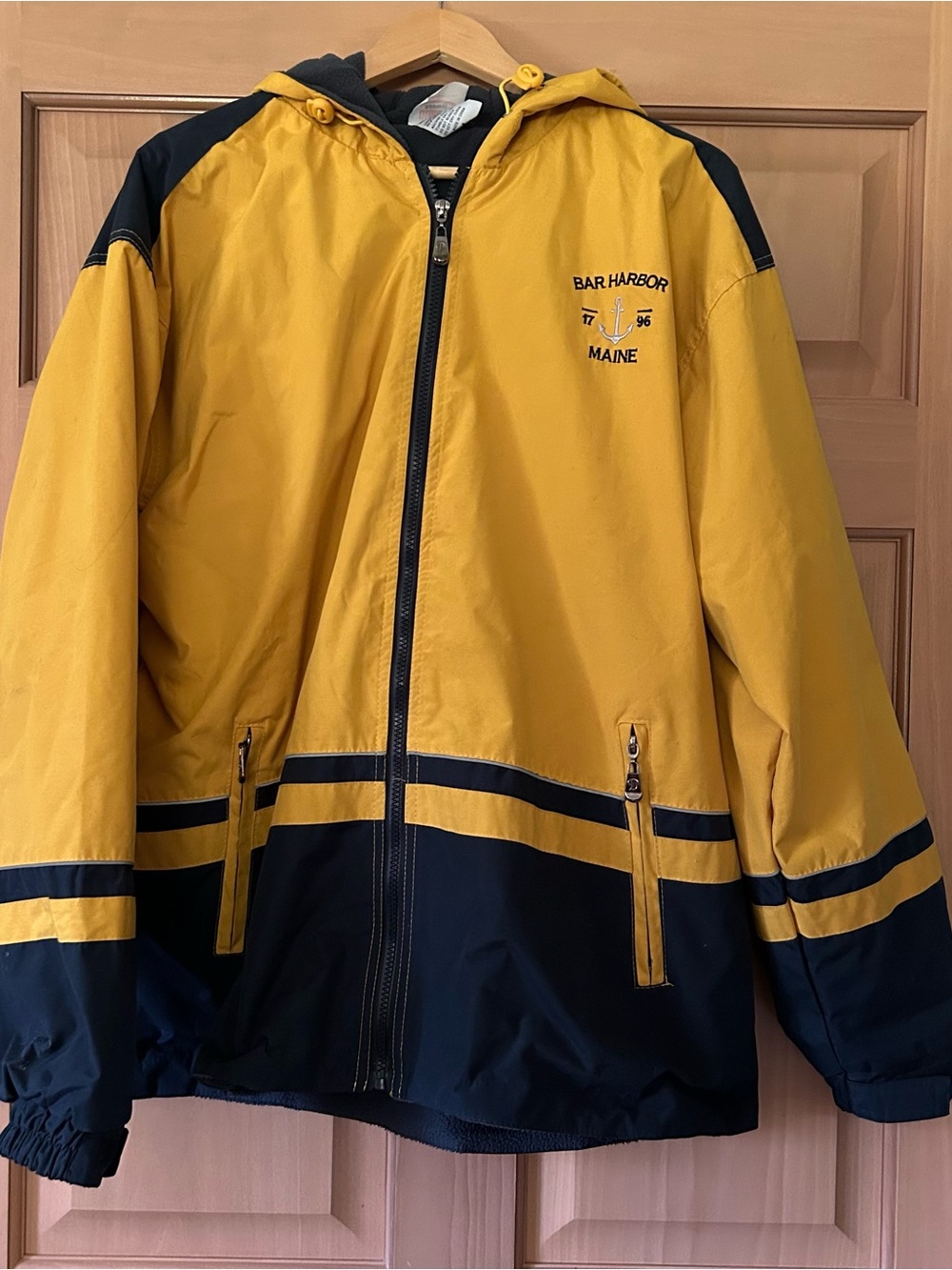 VTG Y2K Bar Harbor Maine Colorblock Windbreaker Jacket Yellow Navy Blue L